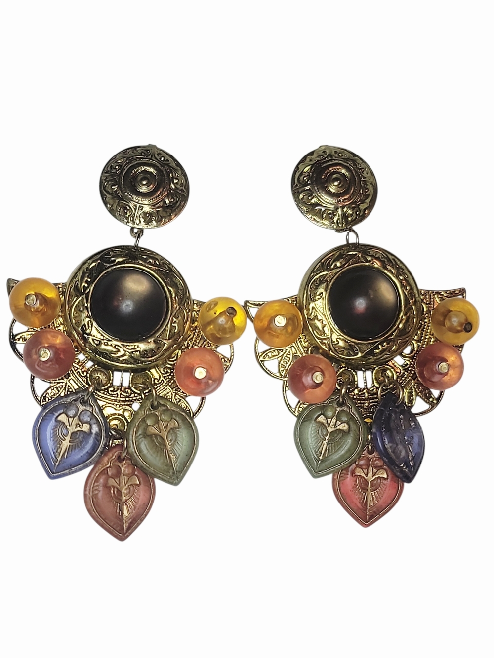 Vintage Gold Tone Clip On Earrings Lucite Bead Dangle Chandelier Runway